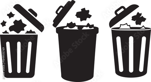 Three trash cans overflowing with debris silhouette