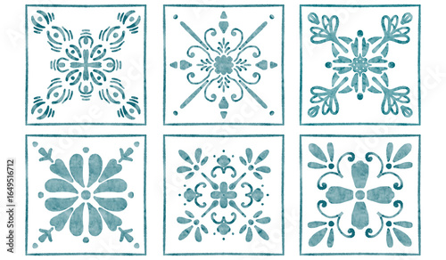six tiles with blue watercolor patterns