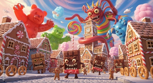 Whimsical candy creatures invade a gingerbread village under a vibrant, dreamy sky