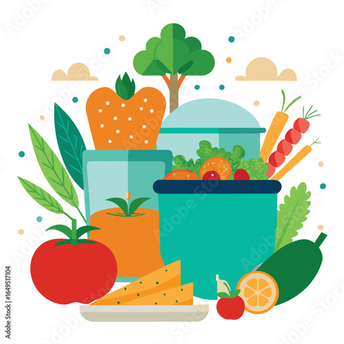 healthy meal prep with vegetables and grains with white background.