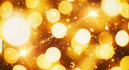 Abstract bokeh background of golden lights and sparkles.