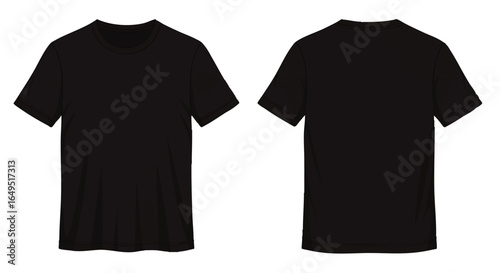 Front and back view of a plain black t-shirt, showcasing its simple design and clean aesthetic.