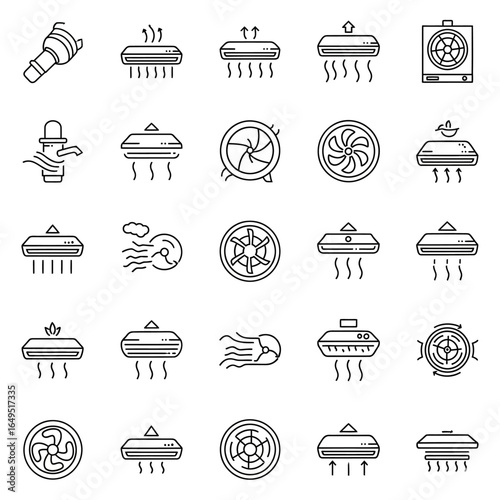 Air Conditioner and Ventilation Outline Icons. Fan, Duct, and Airflow Symbols Collection.