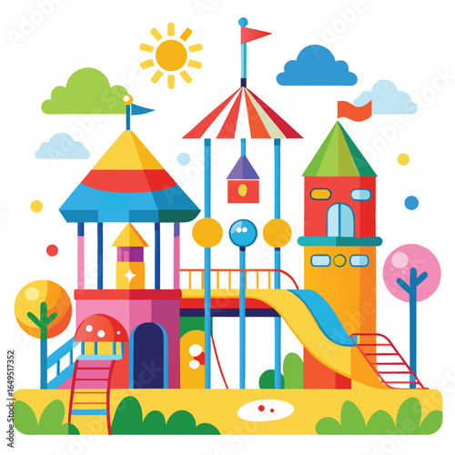  children playground and toys in colorful style with white background.