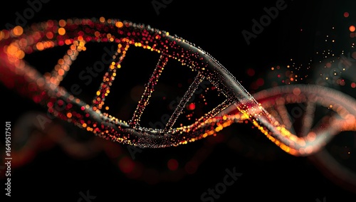 DNA helix, detailed 3D model, glowing particles