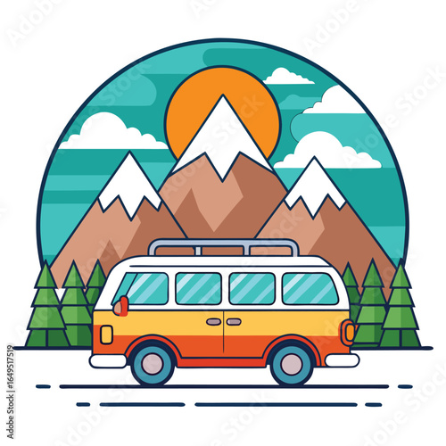 Vector cartoon illustration of a family car trip with a red car driving through a summer mountain landscape for camping