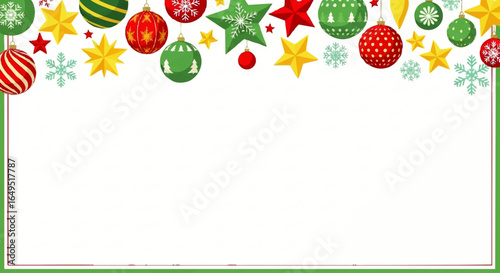 Festive Christmas ornaments and stars decorate a rectangular white space, creating a holiday border.