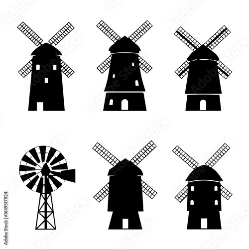 Black windmill silhouettes collection on plain backdrop showcasing renewable energy and sustainable technology for eco-friendly projects and presentations