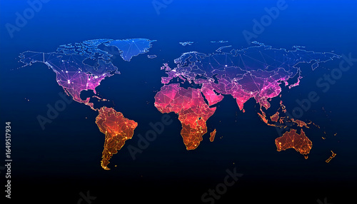Glowing World Map with Digital Connections and Data Visualization.