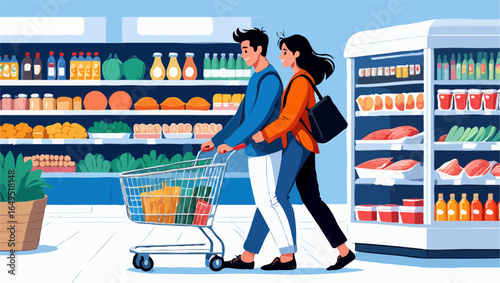 Couple pushing a shopping cart through a brightly lit supermarket aisle