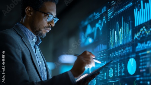 Consultant using AI-powered dashboards for market analysis