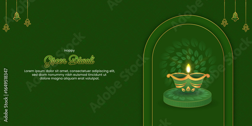 A modern banner for a Green Diwali celebration. Features a glowing green oil lamp (diya) inside an arch with a leaf pattern, promoting an eco-friendly festival.