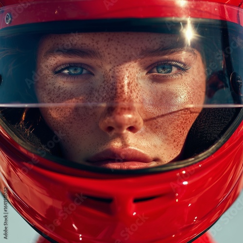 portrait of a girl in a helmet, close up of a sun kissed female model with glowing tanned skin,high fashion editorial,minimal background