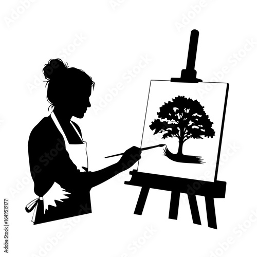 Silhouette of a Woman Painting a Tree on Canvas, Artistic Expression and Creative Hobby, Black and White Image Depicting Artistic Pursuits