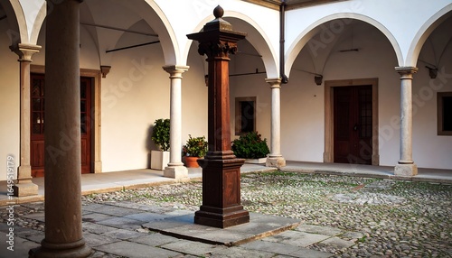 A courtyard with arches and columns.