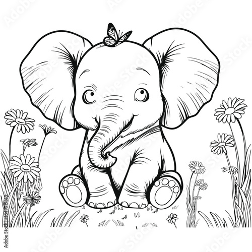 Adorable elephant line art in floral scene with butterfly perfect for children activity books and educational art