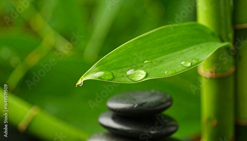 A dew-kissed leaf rests gently among tranquil bamboo stalks.