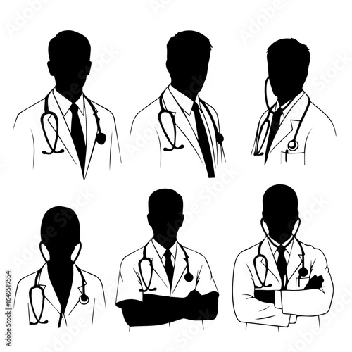 Doctors silhouettes wearing stethoscopes and lab coats, representing healthcare professionals, medical staff