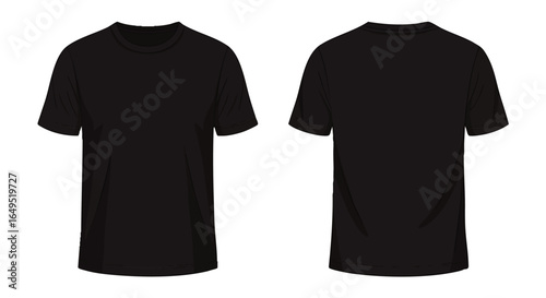 Two black t-shirts, one shown from the front and the other from the back, against a white background.
