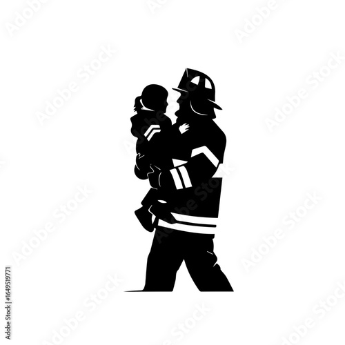 Firefighter silhouette carrying a child to safety, demonstrating heroism and rescue efforts during emergencies, highlighting community service and protection