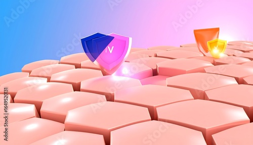 Protective shields displayed over a three-dimensional representation of skin cells.