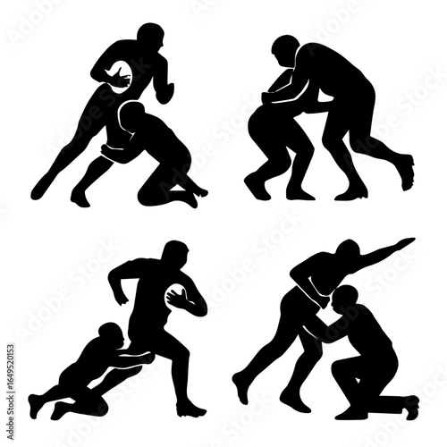 Rugby silhouettes with players tackling and running on a white background, showcasing teamwork, competition