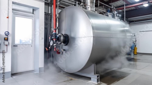 Silver Industrial Boiler Tank with Pipes and Steam in a Factory Setting With White Background and Industrial Equipment