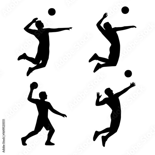 Volleyball players silhouettes in action, jumping and hitting the ball during a match, showcasing teamwork and athleticism for sports marketing
