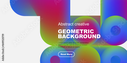 Abstract geometric shapes, vibrant colors, modern design. Text includes geometric background, plus sample text, button. Black backdrop dominates.