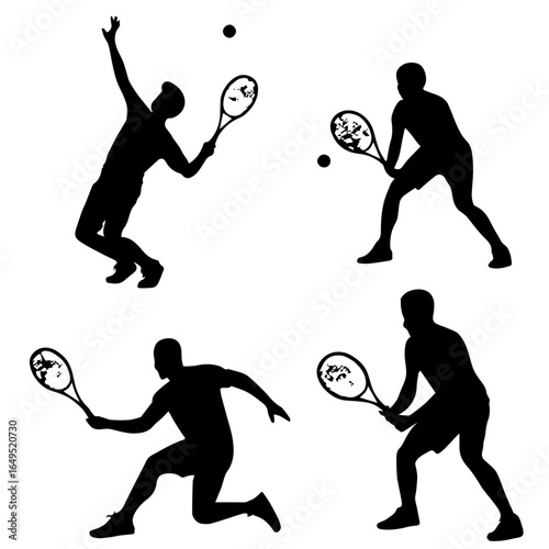 Tennis silhouettes collection with players in action poses for sports advertising and promotional materials, vector illustration
