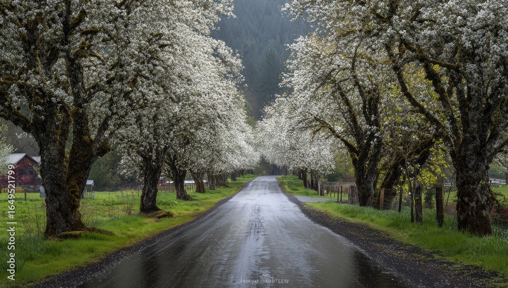 Fototapeta premium A country road lined with blossoming trees on a misty, rainy day