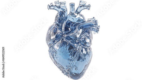 A crystal clear blue heart amazing 3d render of anatomy on white background