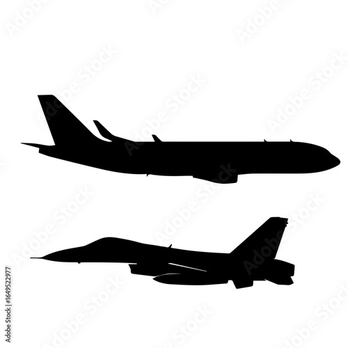 Black silhouettes of a commercial airplane and a fighter jet on a plain setting, representing aviation, travel