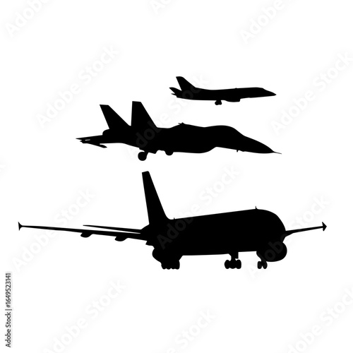 Black silhouettes of commercial airplanes and fighter jets on a plain background, representing air travel, defense
