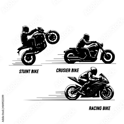 Stunt bike, cruiser bike, and racing bike silhouettes showcasing motorcycle sport