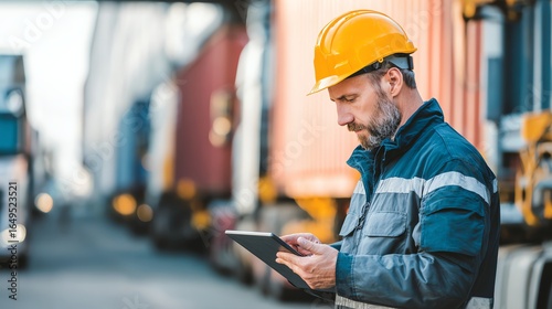 Male logistic officer in helmet reviewing customs documents on tablet at the customs inspection point