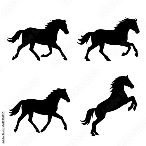 Black horse silhouettes in various poses on a plain setting, representing freedom, power
