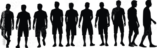 Nine human silhouettes in casual summer clothing—standing, walking, gesturing—black vector illustration for lifestyle, posture, and movement studies