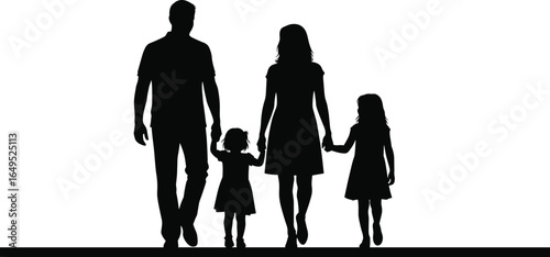 Silhouette of four people walking together, two adults and two children holding hands, family unity, isolated black vector for lifestyle design