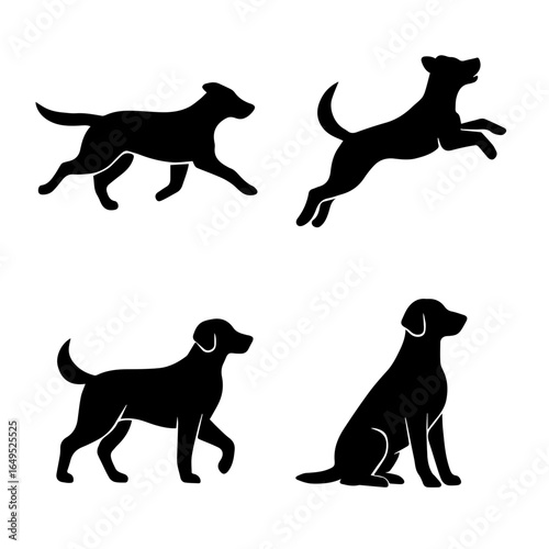Black labrador silhouettes in various poses on a plain background for pet care promotions and veterinary clinic branding, offering a clean and modern aesthetic