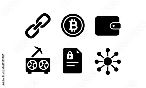 Blockchain and cryptocurrency icon set: mining, wallets, decentralization