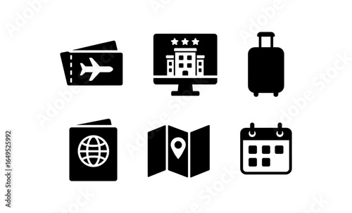 Travel icons set: silhouette style for trip planning and booking