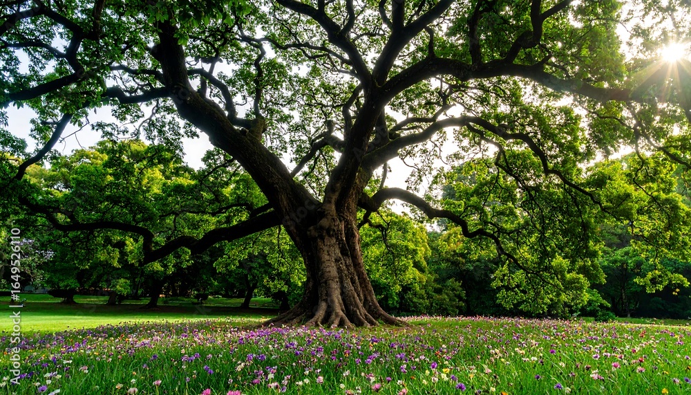 Fototapeta premium Majestic old tree casting shade over a vibrant meadow.
