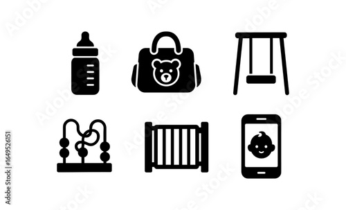 Essential baby items set: bottles, bags, swings, toys, gates, and monitors in silhouette style