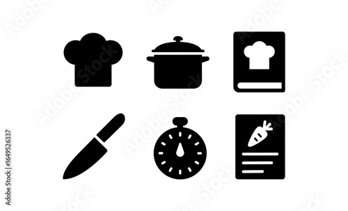 Culinary icons set featuring chef hat, knife, pot, and recipe book symbols