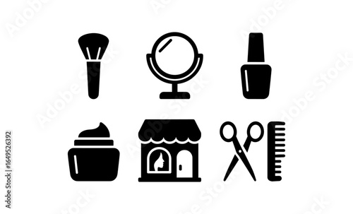 Essential beauty and salon icons in minimalist black silhouette style for beauty professionals