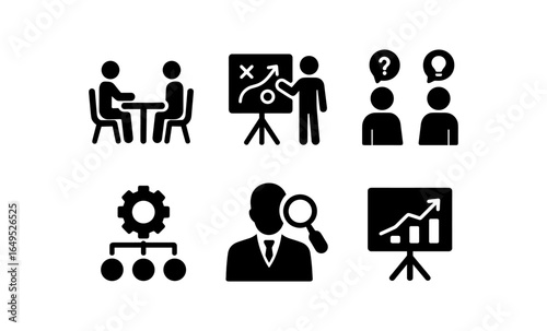 Business icons collection: communication, strategy, and analytics illustrations