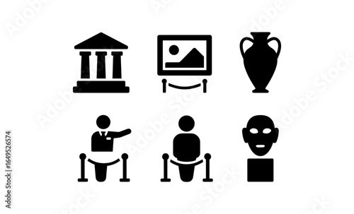 Museum icons: classic artifacts and exhibits in simple silhouette design