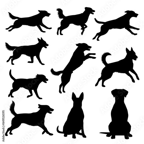 Collection of dog silhouettes in various poses, representing canine behavior, perfect for pet-related designs and animal themes