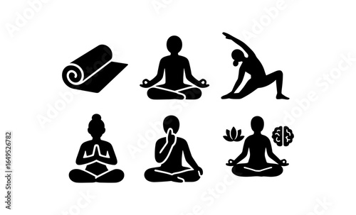 Silhouette yoga and meditation icons: wellness and calm poses